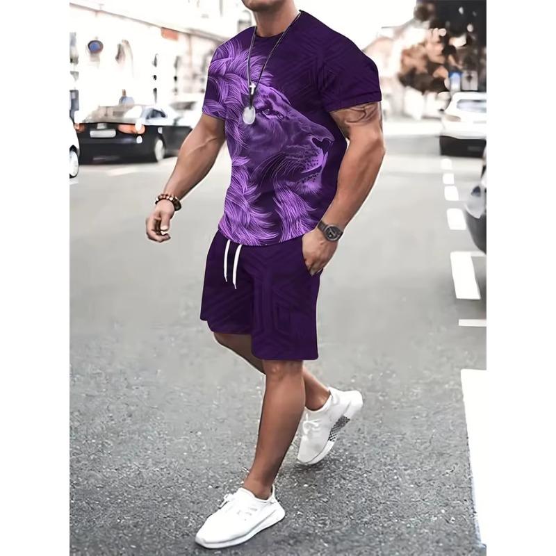 Summer Men's Lion Printed Pattern Short Sleeve Round Neck Breathable T Shirt Shorts Suit New Men's Temperament Streetwear Suit
