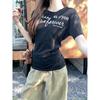 Letter-printed Short-sleeved Shirt, Summer New Slim-fitting Waist Pinch and Thin Korean Design Front Shoulder Top Women
