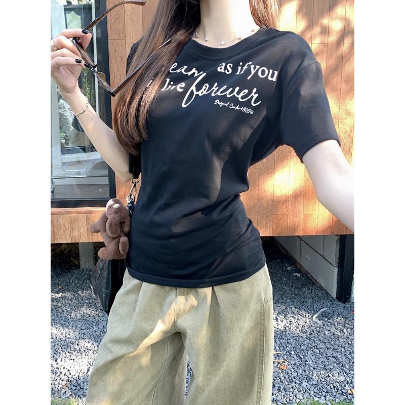 Letter-printed Short-sleeved Shirt, Summer New Slim-fitting Waist Pinch and Thin Korean Design Front Shoulder Top Women