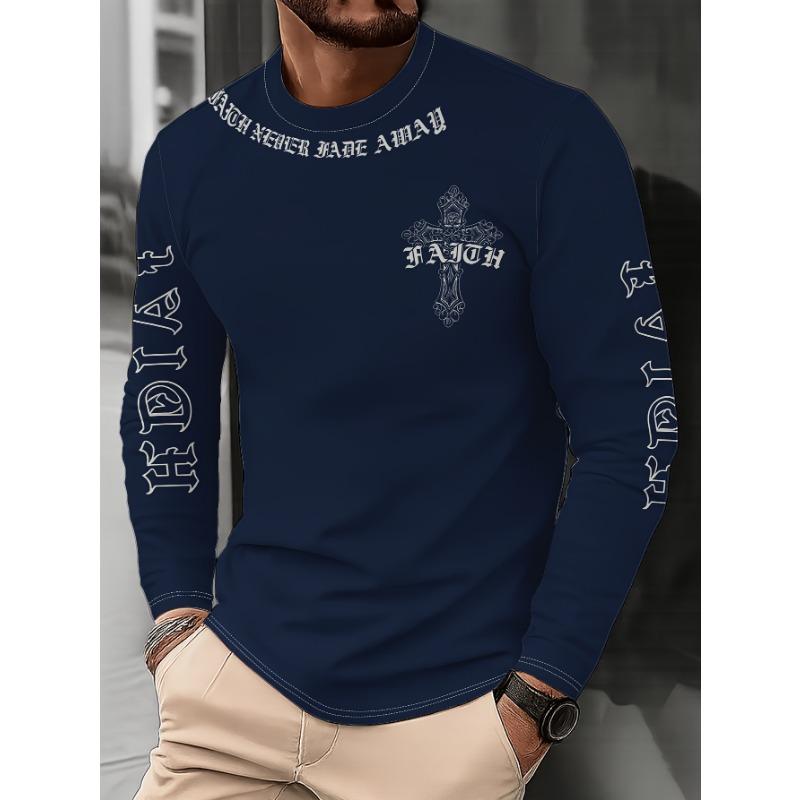 Men's Long Sleeve T-Shirt with Cross & Letter Print - Casual Round Neck Blouse Suitable for Casual Attire