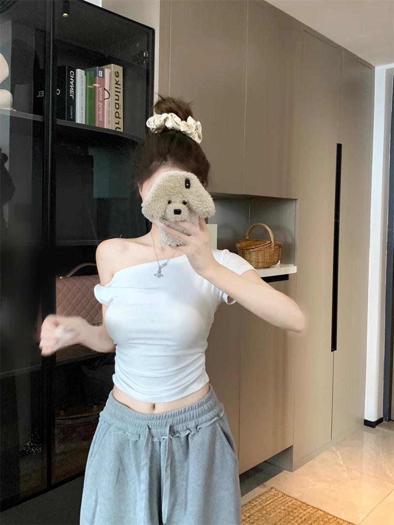 

Пикантный топ с открытыми плечами, с короткими рукавами, укороченный - Женский летний облегающий стиль Large белый