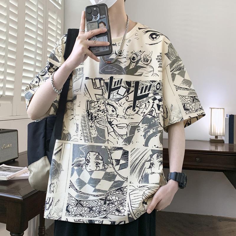 Large Size Trendy Anime Full Print Short Sleeved Men's Japanese Loose Casual Top