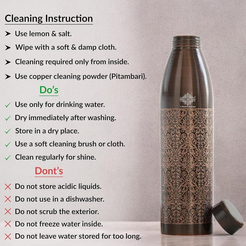 100% Pure Copper Water Bottle, Antique Dark Embossed Design, Ayurvedic Vessel for Yoga & Health, 900ml