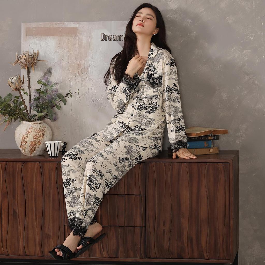 Autumn/Winter Modal Cotton Women's Long Sleeve Pajamas Set with Hyaluronic Acid - High-End Spring Style for Indoors and Outdoors