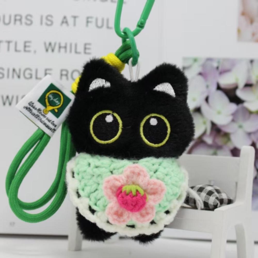 With Woven Bracelet Cat Pendant Squeak Car Key Ring Cute Black Cat Plush Doll Keychain  Gifts