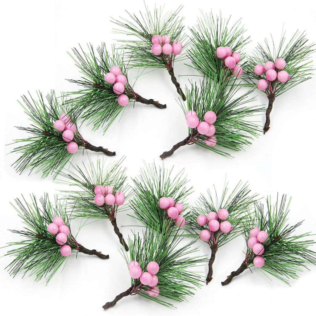 12 pièces Fait Main DIY Mini Branches de Pin Aiguilles Baies Rouges Accessoires Couronne de Noël Boîte Cadeau Plantes Artificielles Arrangement Floral