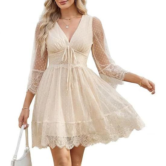 2026 summer lace premium temperament loose lazy splicing deep V-neck pleated dress