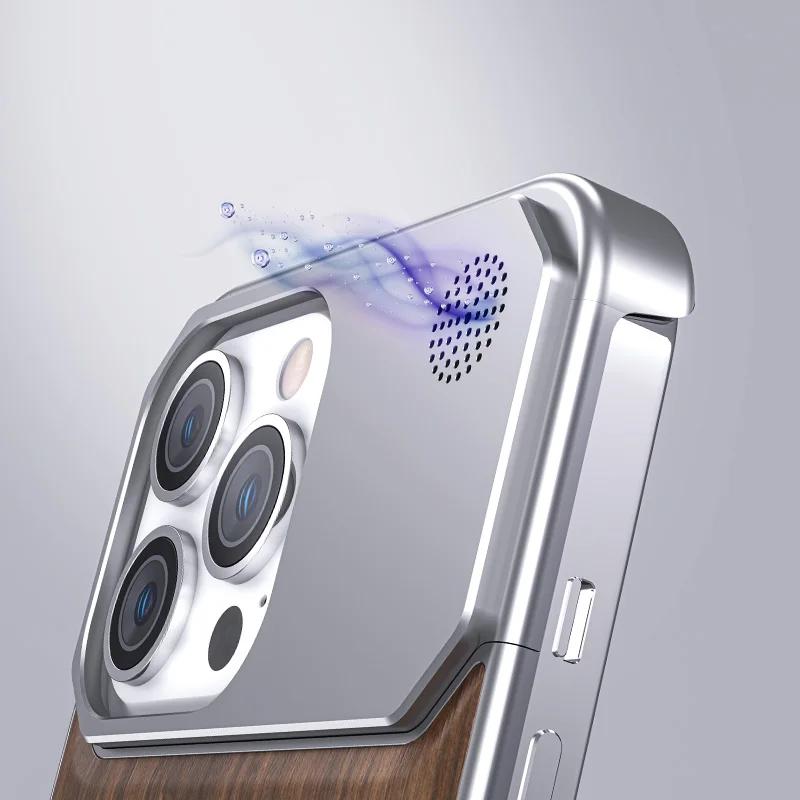 Luksusa koka metāla telefona futrālis iPhone 16 15 14 Pro Max bez malām dzesēšanas aromātisks tālruņa apvalks, riekstkoka koka metāla rāmis Funda