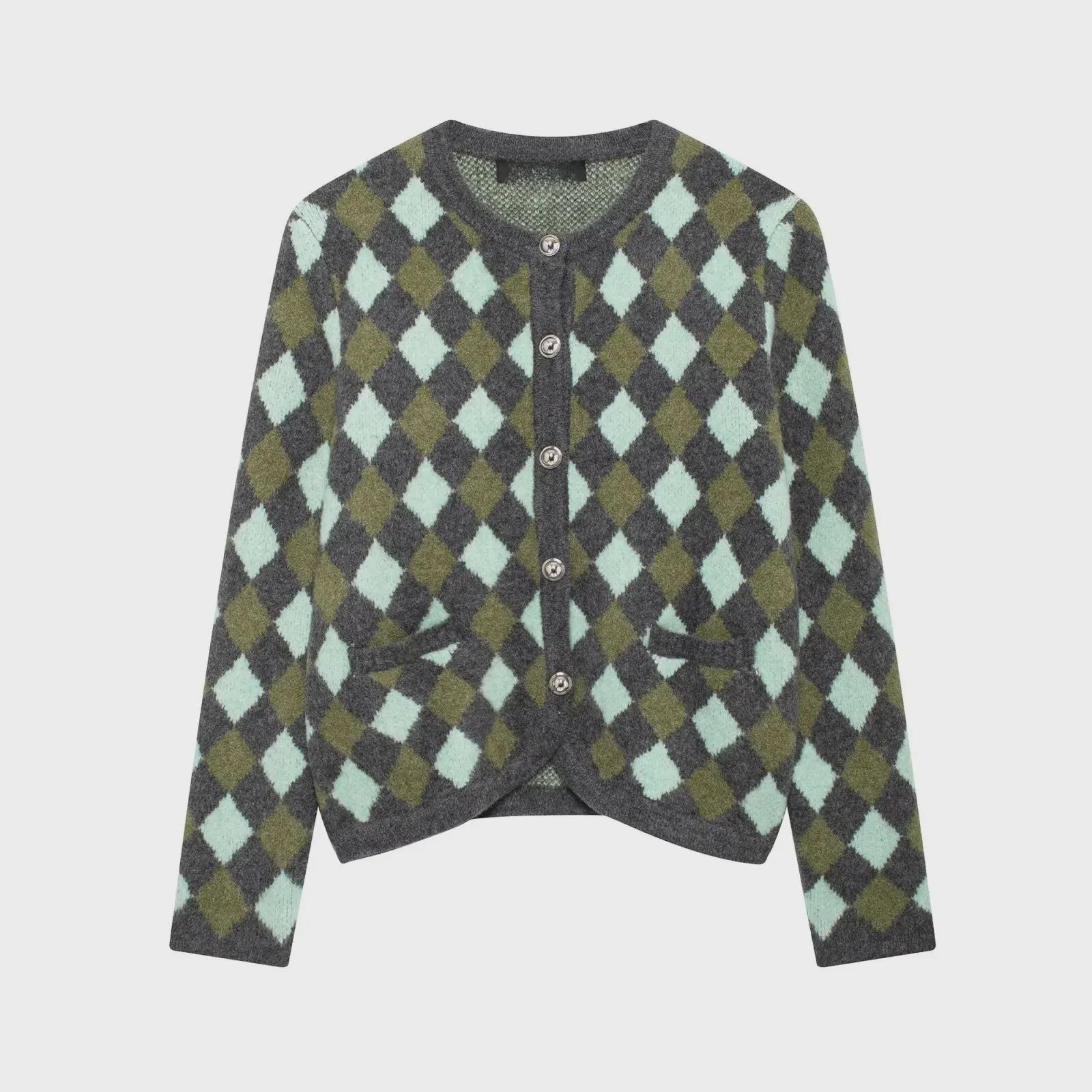 

Женский кардиган из жаккардового трикотажа с ромбами, круглый вырез, модный свитер осени 2024 L