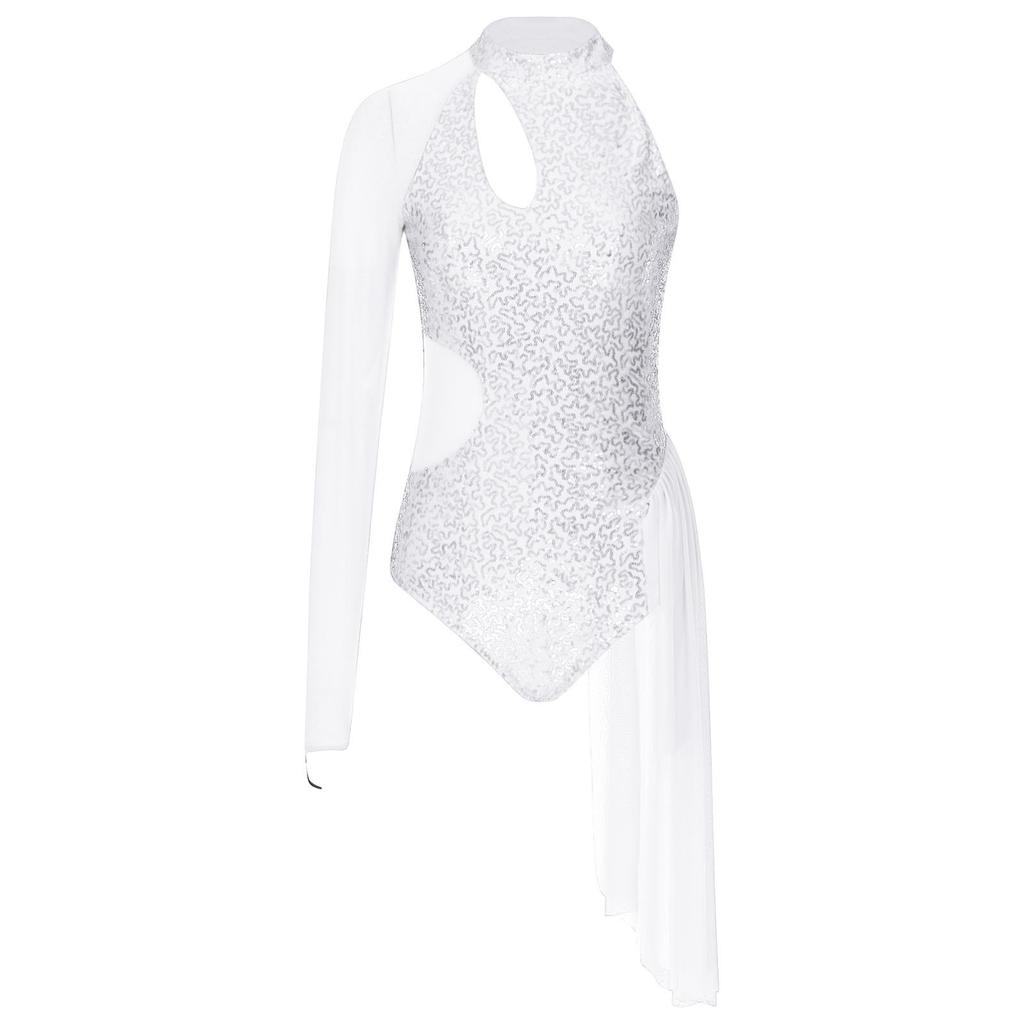 Robe de Patinage Artistique Femme Paillettes Séquins Justaucorps Une Épaule Maille Transparente Manches Longues Col Halter Vêtements de Danse
