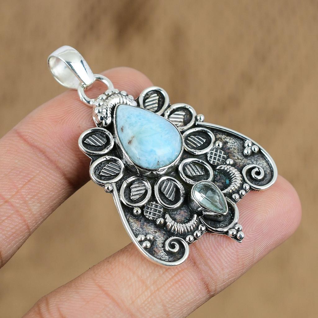 Naturlig Larimar Edelstensanheng Blå 925 Sterlingsølv Indiske Smykker