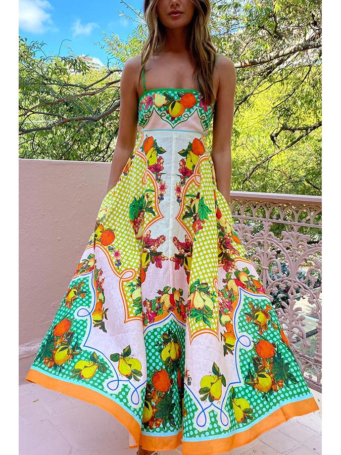 2025 European & American Women's Summer Sleeveless High-Waist Swing Dress with Sexy Suspender & Print Design