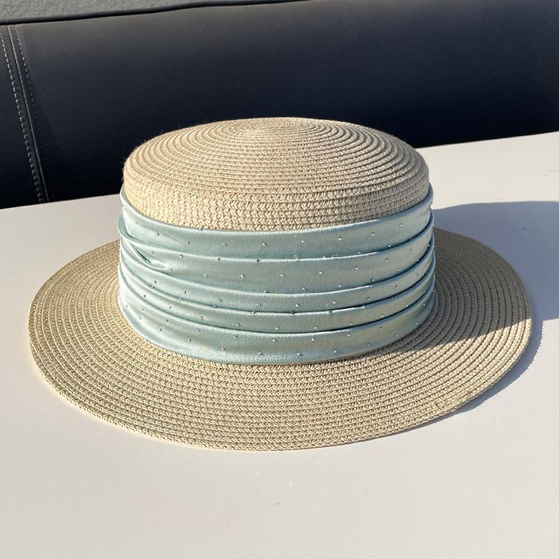 

2025 Summer French Elegant Beach Straw Hats Women Satin Rhinestone Straw Braid Flat Top Visor Hat Fitted Jazz Casual Panama Hat M 56-58cm світло-зелений колір