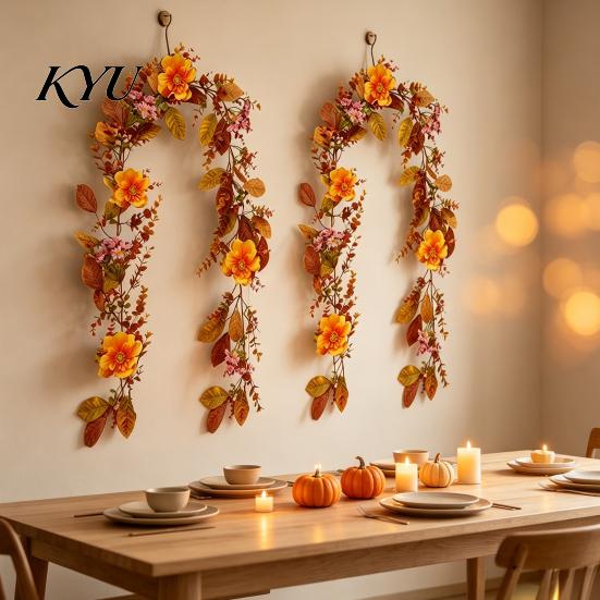 Realistic Silk Flowers for Home Halloween Willow Vine Twig Garland, Yellow Artificial Branch Decor Fireplace Mantle Decorative Wall, Flexible