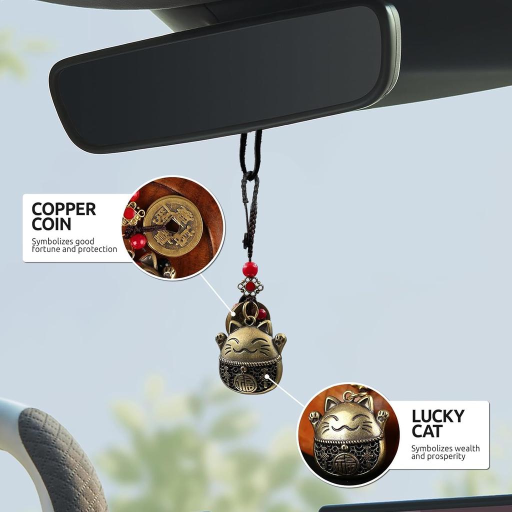 Lucky Cat Rearview Mirror Pendant with Five Emperors Feng Shui Co, Brass Maneki Neko Charm for Good Luck and Wealth, Tassel Hanging Decoration, Car