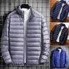 Lightweight Quilted Down Cotton Jacket for Men Stand Collar Long Sleeve Zipper Closure with Side Pockets