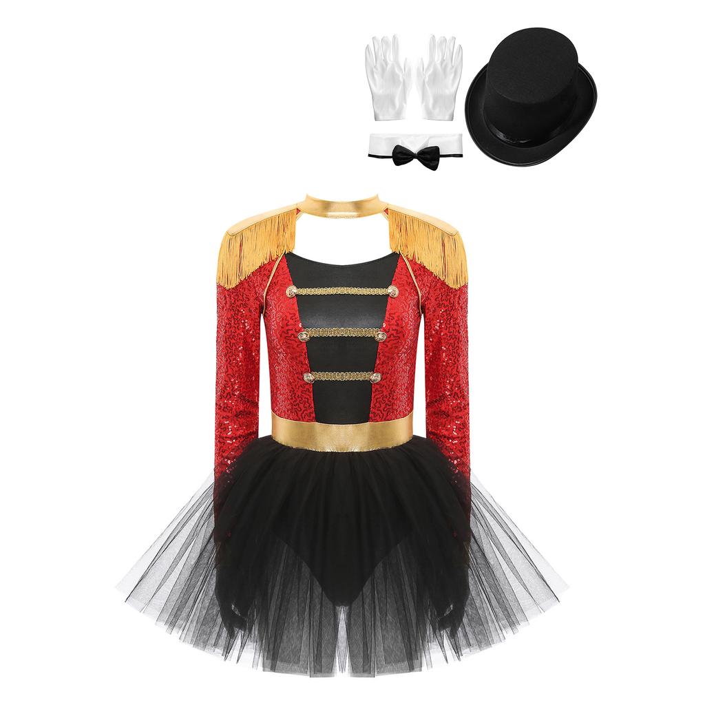 Womens Circus Ringmaster Costume Set Mock Neck Patchwork Bodysuit Complete Hat Bow Collar Gloves