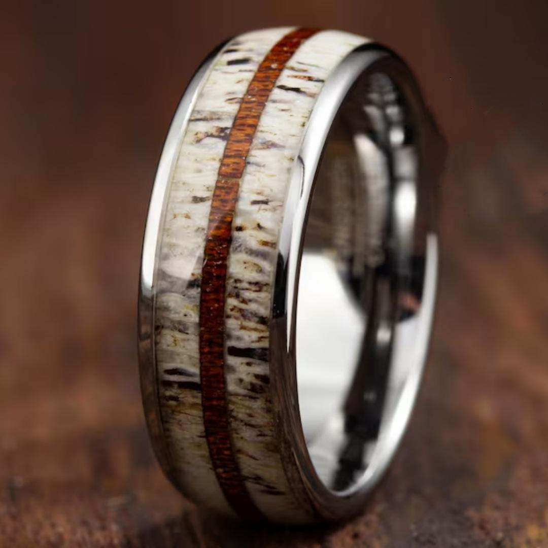 8mm Wood Grain Inlaid Fossil Men Ring Stylish Band For Male Jewelry Fashion Accessory Gift 7