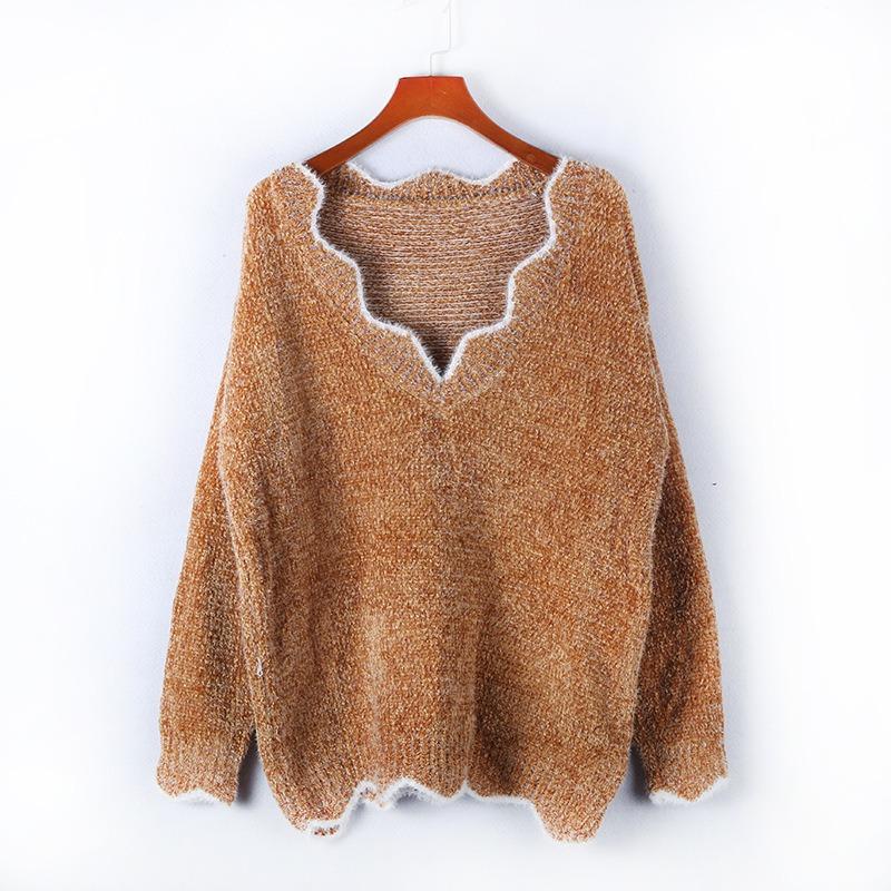 Pulover cu decolteu în V, Pulover cu material cald și moale, Pulover drăguț, Tricou de bază tricotat multicolor, Top casual cu mâneci lungi pentru femei, Toamnă Iarnă