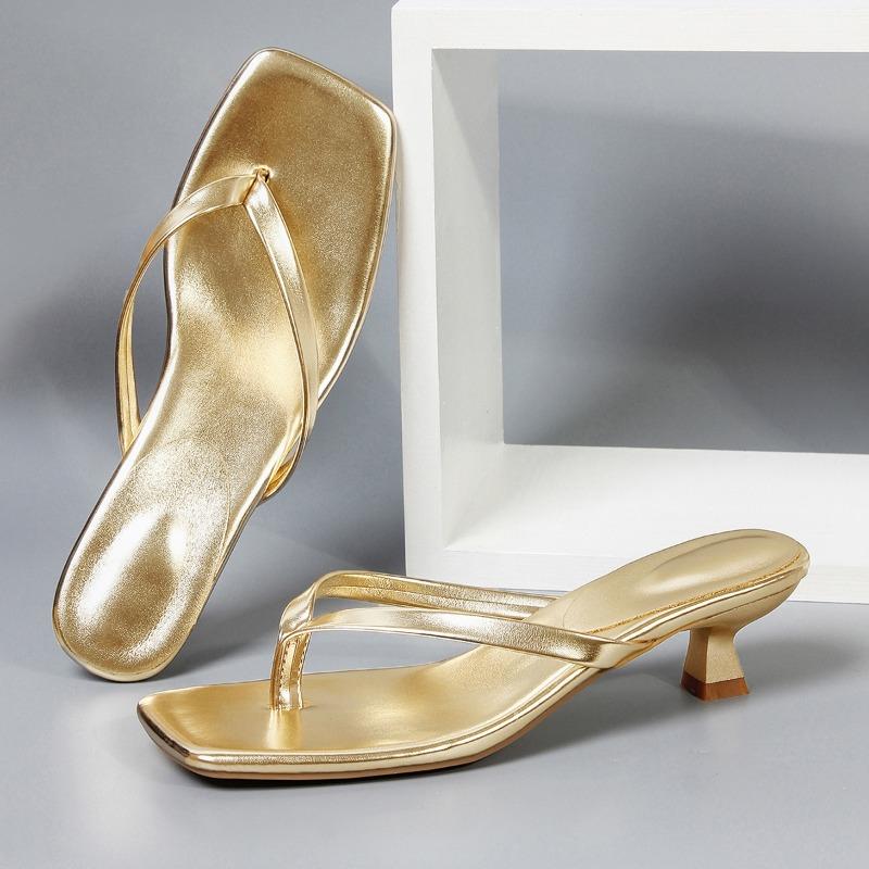 Fashion 2025 Summer New Soft Leather Square Toe Cat with Flip-flops Women Fashion Thin Belt Thin Heel Soft Sole Flip-flops