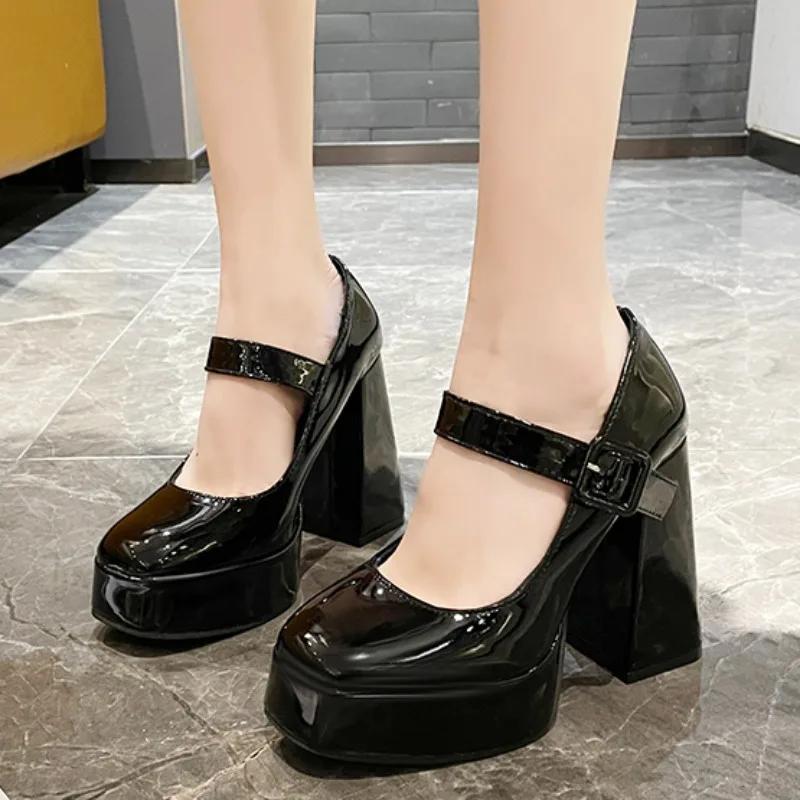 Womens High Heels Summer 2024Elegant Solid Color PU Leather Square Toe Dress Party Thick Sole Thick Heels Womens Mary Jane Shoes