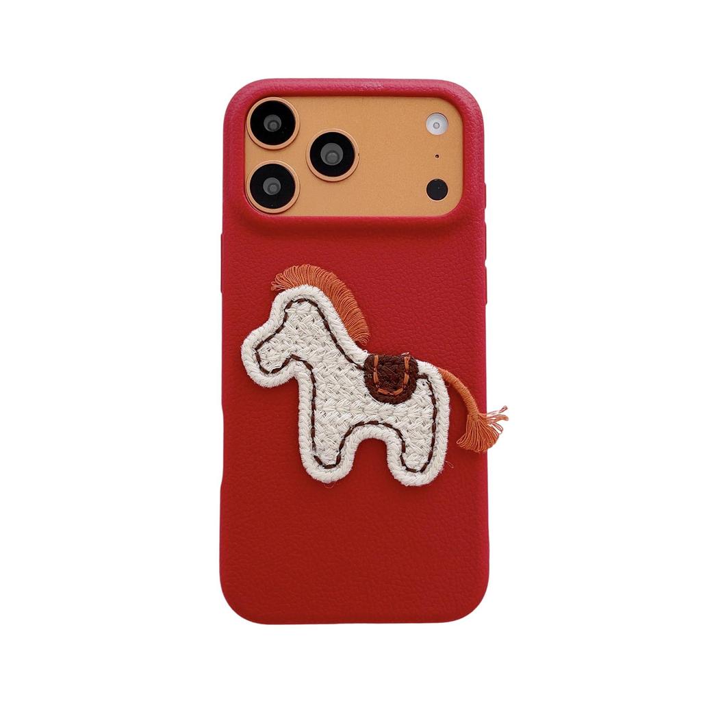 Red Embroidered Horse Leather Phone Case for Apple 17 Pro/iPhone 16, Large Hole, New Year Edition