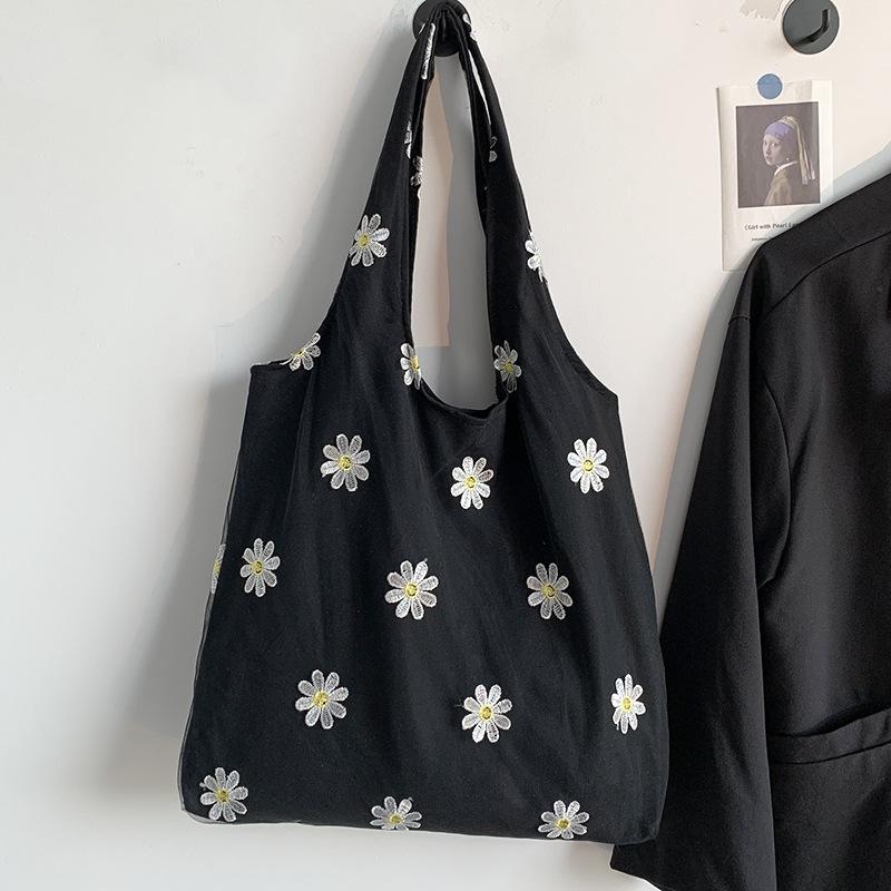 Embroidery Shoulder Canvas Bag Reusable Portable Large Capacity Foldable Storage Bag Shopping Bag Lady Handbags Bolsa Feminina