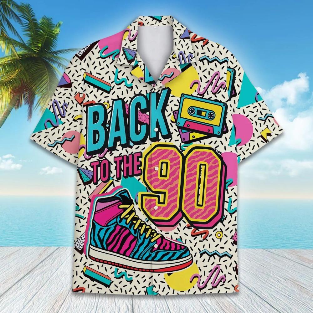 Back To The 90s Hawaiian Shirt Men Women Youth, Retro Neon 80s Cassette Aloha Shirt Vintage Party Shirt Button Up