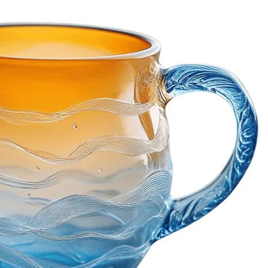 Sunset Ocean Cup Wave Pattern Water Glass 350ml Oceanic Theme Drinking Cup Artistic Drink Container for Beach Lovers