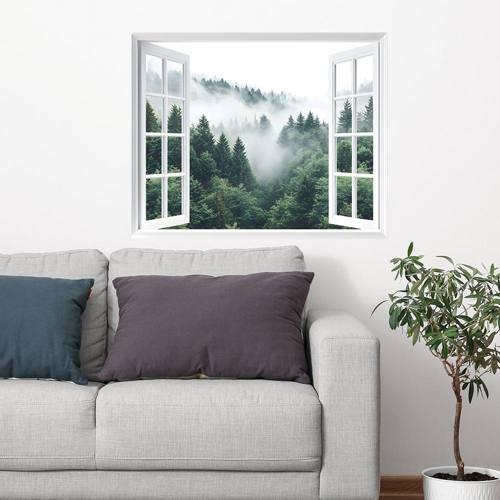 Naklejki ścienne okno 3D do lasu Realistyczny widok natury Mural do sypialni, salonu, przedpokoju i małych pomieszczeń Dekoracja ścienna
