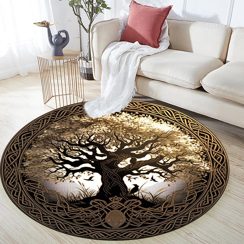Golden Tree Round Area Rug,Carpet Rug for Living Room Bedroom Sofa Playroom Decor,Non-slip Floor Mat