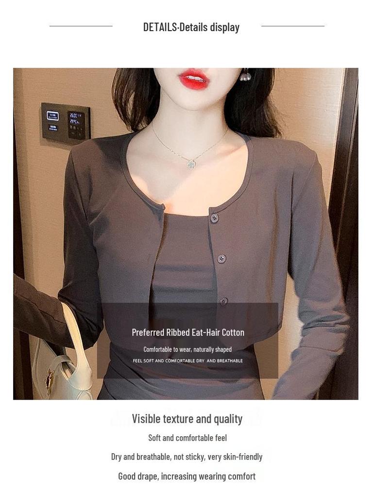 Spring Pure Desire Dress & Cardigan Set - Spaghetti Strap Slit Skirt + Long Sleeve Top