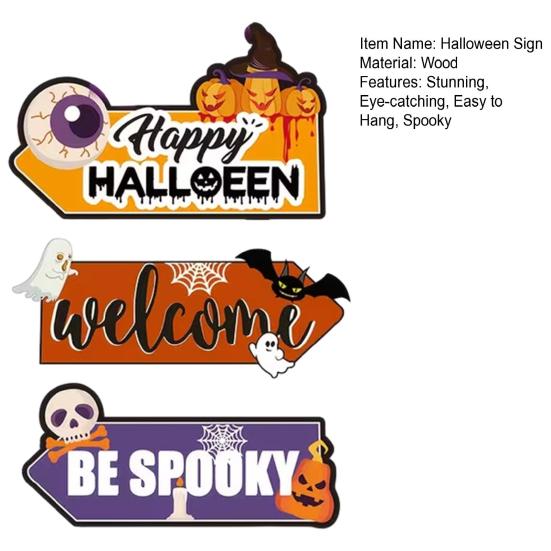 Happy Halloween Door Sign, Spooky Skull Ghost Pumpkin Bat Front Door Hanger, Rustic Wooden Wall Hanging Decor for Home Room Indoor Outdoor Party