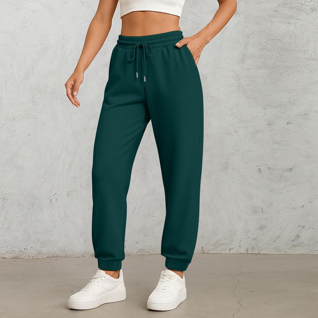 Ladies' Fashionable Solid Color Straight Leg Pants With High Waist Drawstring Pockets And Elastic Waist Casual Pants