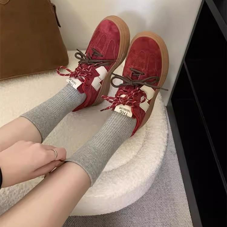 Double Shoelace Color Matching Round Head Platform Leather Training Shoes Women's Spring and Autumn New Red Casual Forrest Gump Sports Shoes