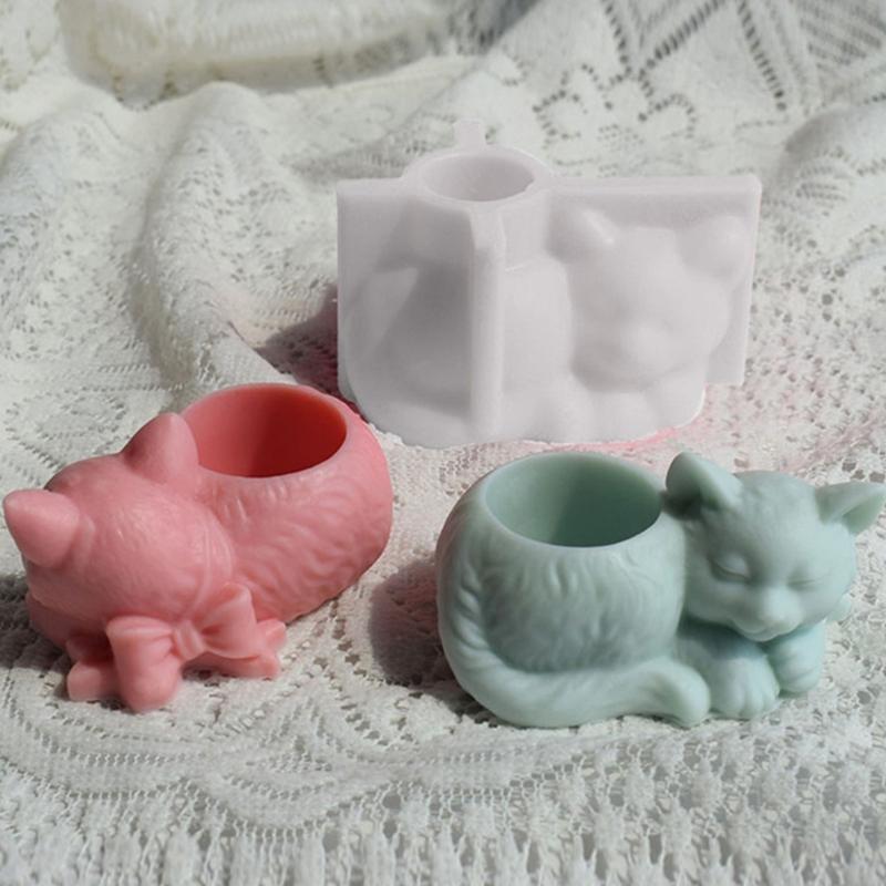 Sleeping Cat Candlestick Resin Mold Cat Planter Pot Mold Silicone Mold DIY Soap Making Aromatherapy Mould Decorations