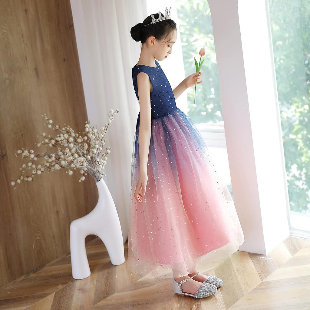 Weileenice Size Long Dress with Gradient Perfect for and Formal Stylish Tulle Dress with Navy Pink, 140, Girls' Sequins, Weddings, Birthdays,