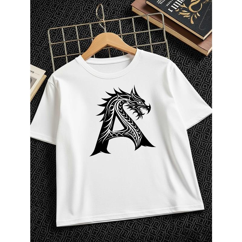 Kids White Crewneck Short Sleeve T-Shirt, Creative Tribal Dragon Print Soft Casual Summer Kids Top 110 белый