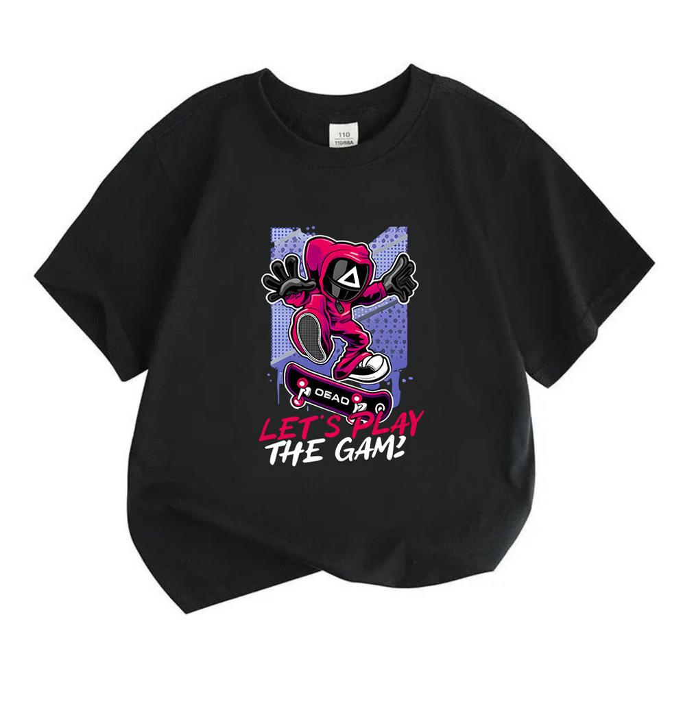 Kids Boys Girls 100% Cotton Crew Neck Short Sleeve T-Shirt, Cool Game Mask Character Skateboard Print Casual Tees, Let's Play The Game Pattern Soft Su