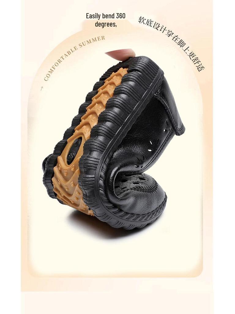 Genuine Leather Breathable Soft Sole Sandals for Middle-Aged & Elderly Women - Non-Slip Flat Heel