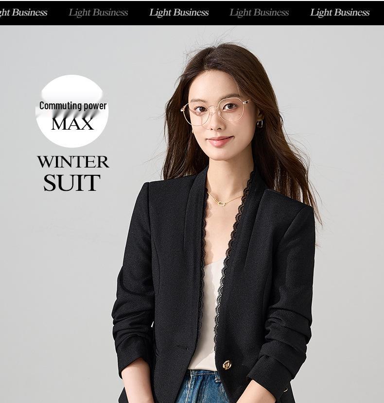 Women's White Lace Long Sleeve Blazer - Slim Fit, Short Style, Versatile for Autumn 2025