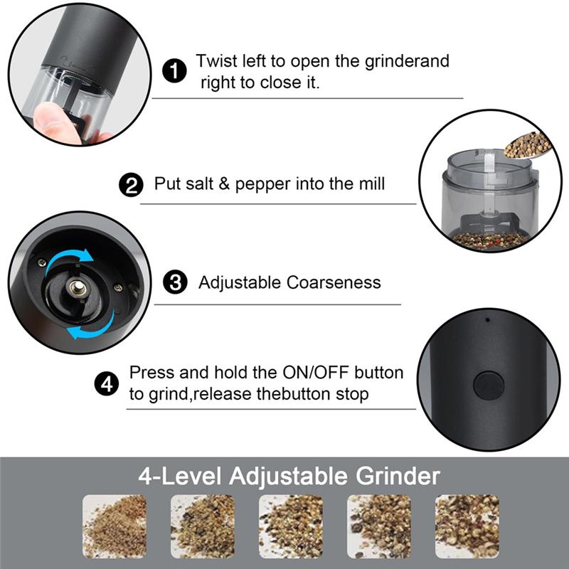 B97A-Adjustable Coarseness Electric Salt And Pepper Grinder Set, Refillable Mill Grinder For Kitchen Use
