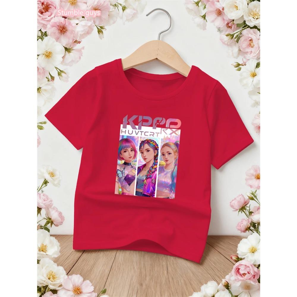 Girls Kpop Style T Shirt Summer Casual Anime Print Short Sleeve Anime Clothes Comfortable Soft Kids Fashion Tee Tops