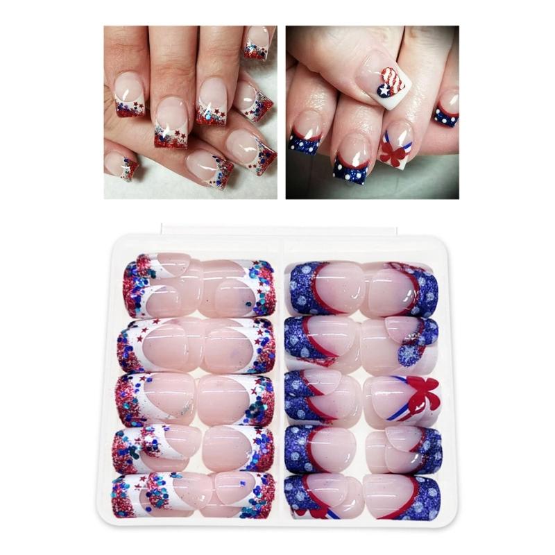 48 Pcs 4th of July Artificial Nail Short Full Cover False Nail Glittering Stick on Nail French Tip Press On Nail