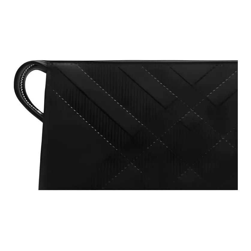 Burberry Check Embossed Brushed Metal Hardware Calfskin Storage Pouch Unisex Couple's Style Black