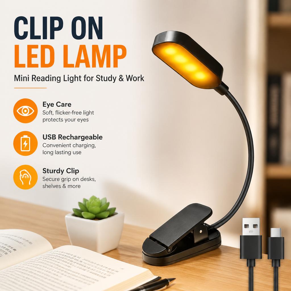 LED Desk Lamp Clip On USB Rechargeable Mini Reading Light for Students Study