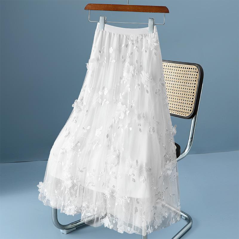 Jupes de luxe pour femmes, style coréen, mode, taille élastique, appliques, broderie, jupe en maille florale, longue jupe de bal en gaze