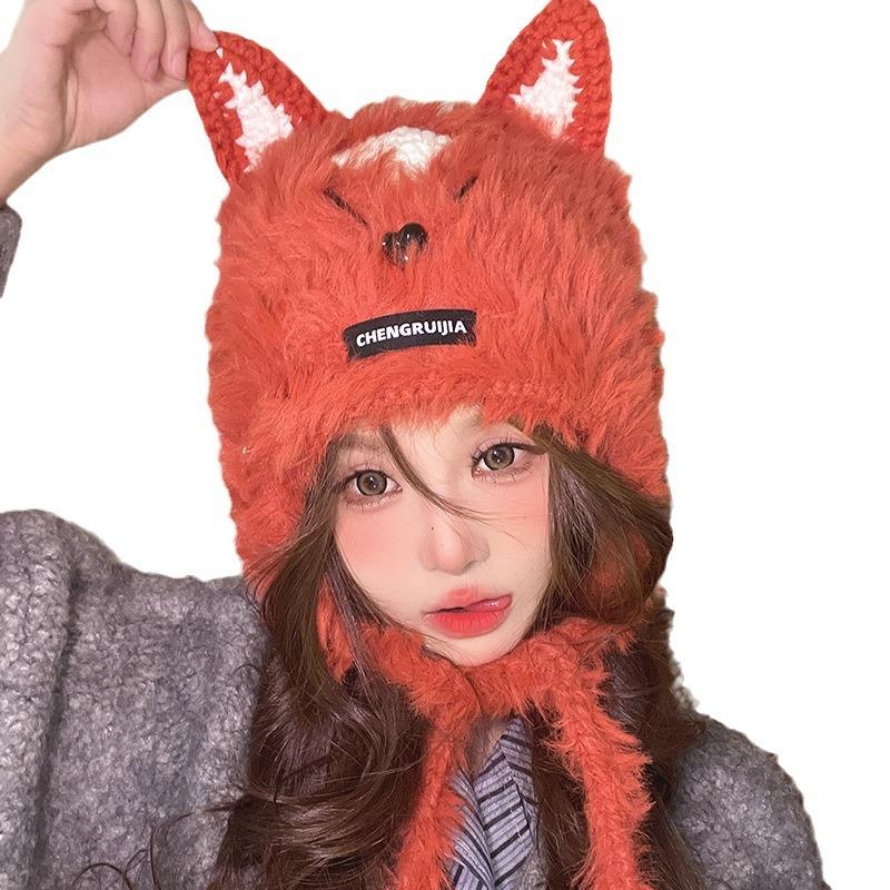 Japanese Cute Hand Woven Little Fox Ear Protecting Hat for Women In Autumn and Winter Warm Versatile Plush Lei Feng Hat