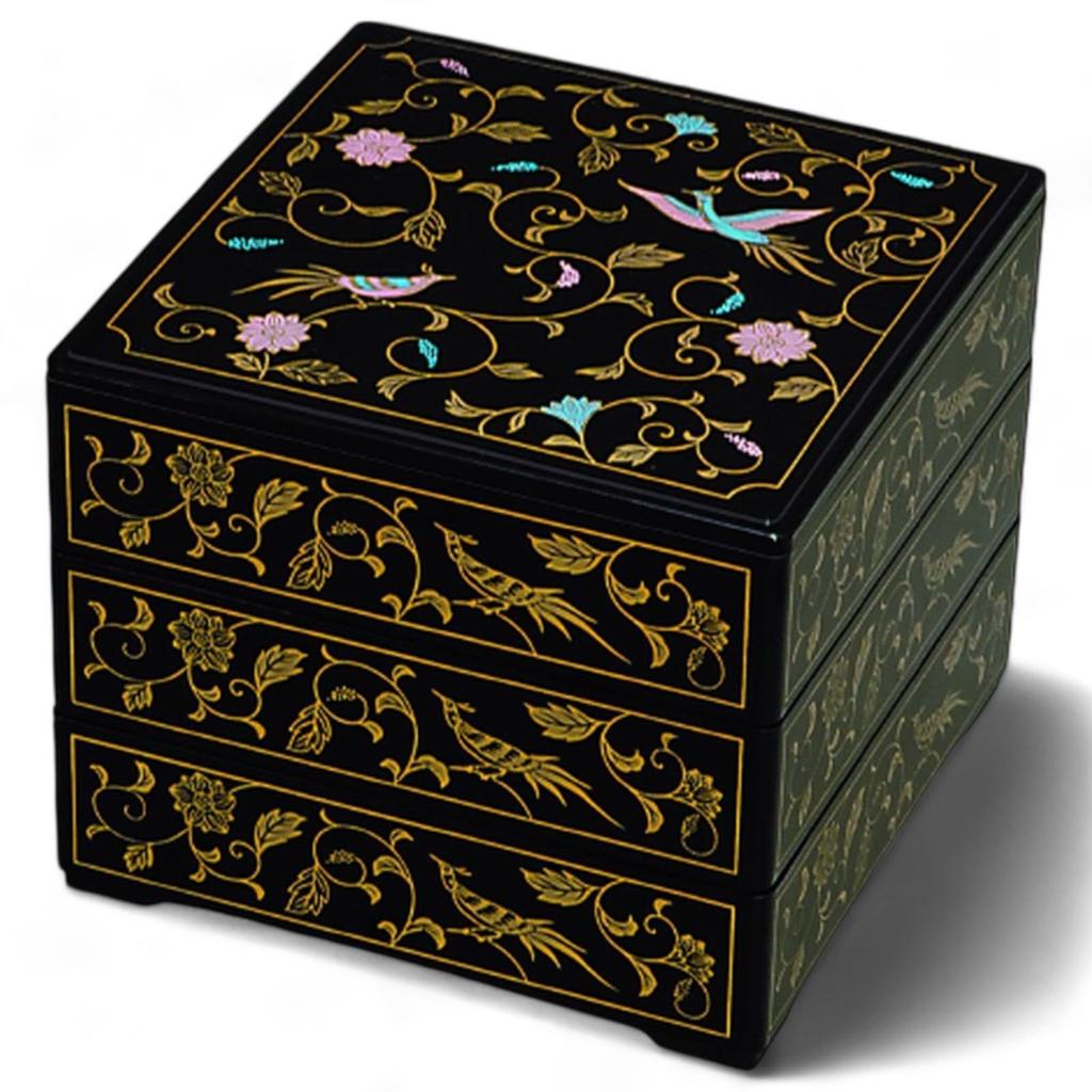 Lacquerware Jubako Black Phoenix Made in Japan J-kitchens 3-Tiered Box, 6.5 inches, Square, Design, 19cm, Resin,