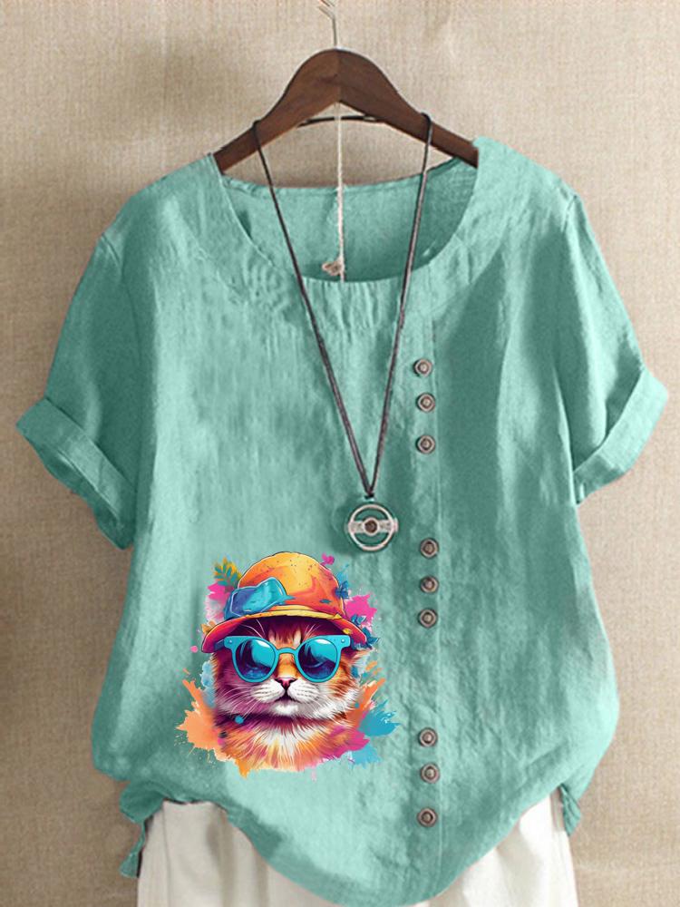Women's Fashion Colorful Cat Print Round Neck Short Sleeve T-shirt Summer Casual Cotton Linen Graphic Shirt Leisure Loose Blouse Tops